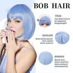 Model wearing SUKRI light blue wig to show versatility