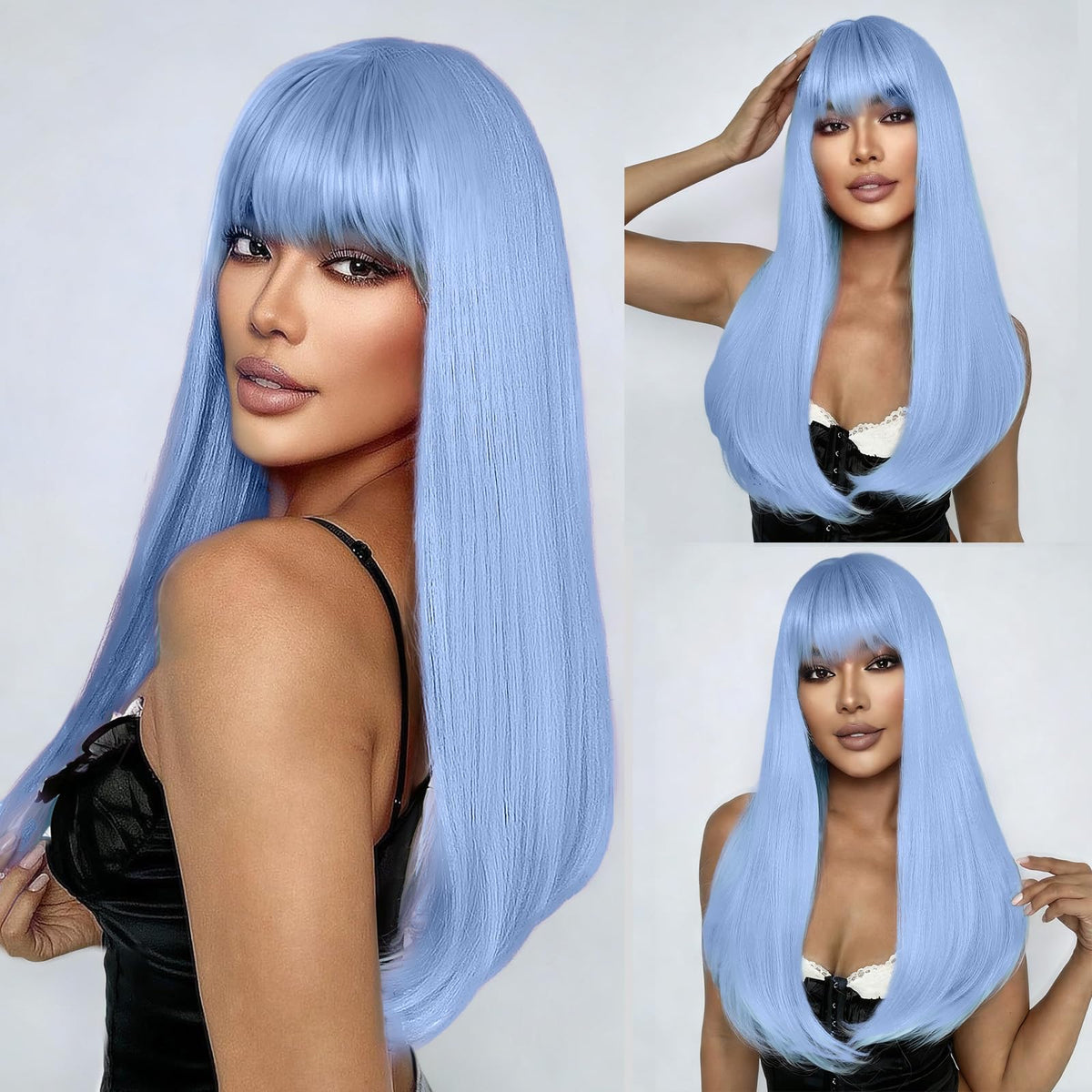 SUKRI light-blue wig with bangs product shot showing bold 22-inch length