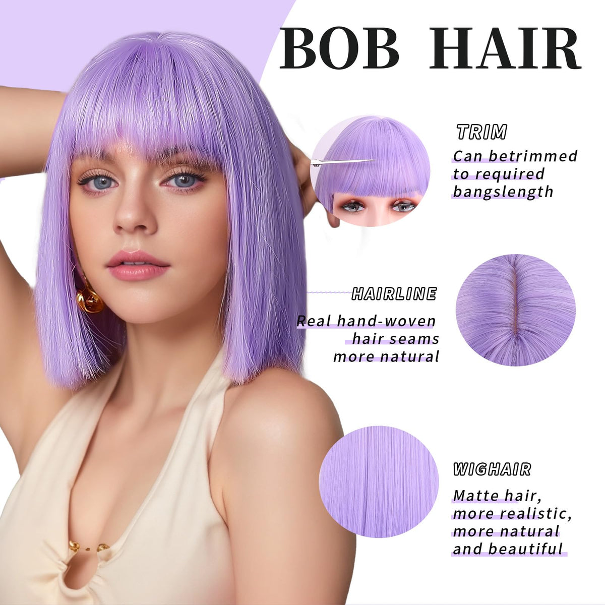 SUKRI light purple bob wig, back view, lightweight comfort for long wear.