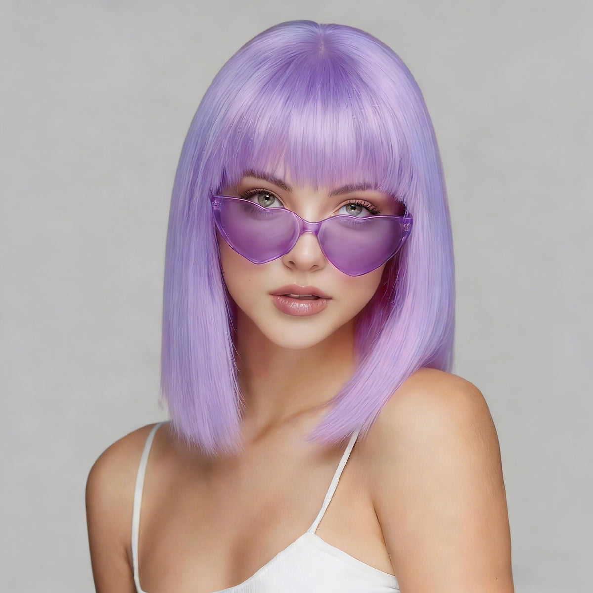 SUKRI light purple bob wig with bangs, front view, ideal for daily wear.