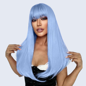 SUKRI long straight blue wig close-up highlights smooth fibers and shine