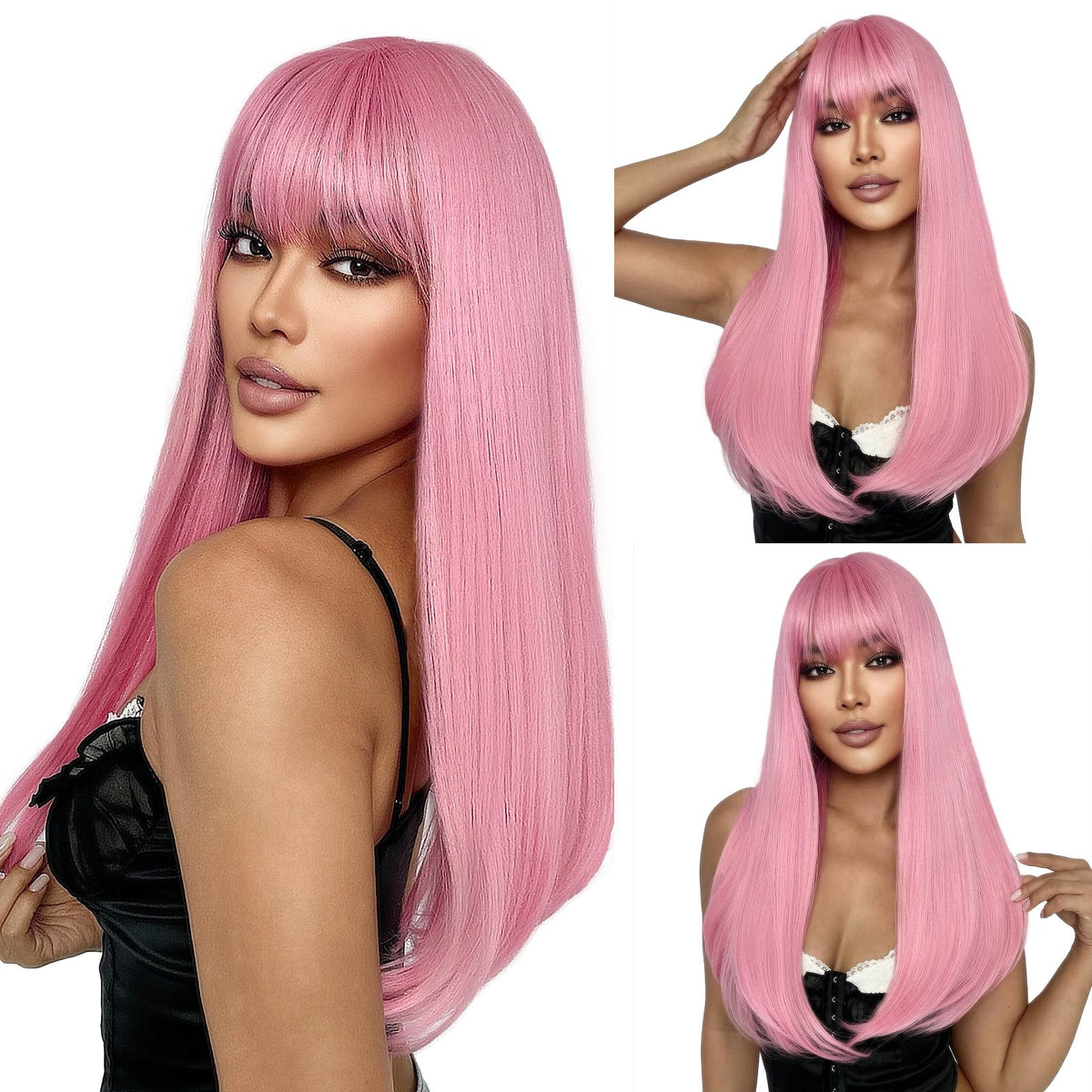 SUKRI pink wig with bangs, 22 inch, natural look for daily wear