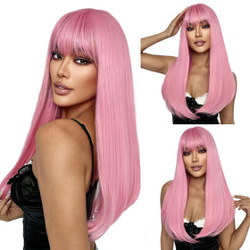SUKRI pink wig with bangs, 22 inch, natural look for daily wear