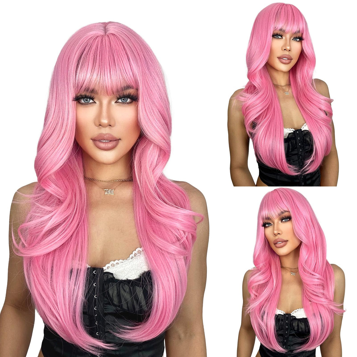 SUKRI pink wig with long layered bangs for versatile daily styling