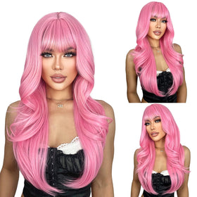 SUKRI pink wig with long layered bangs for versatile daily styling