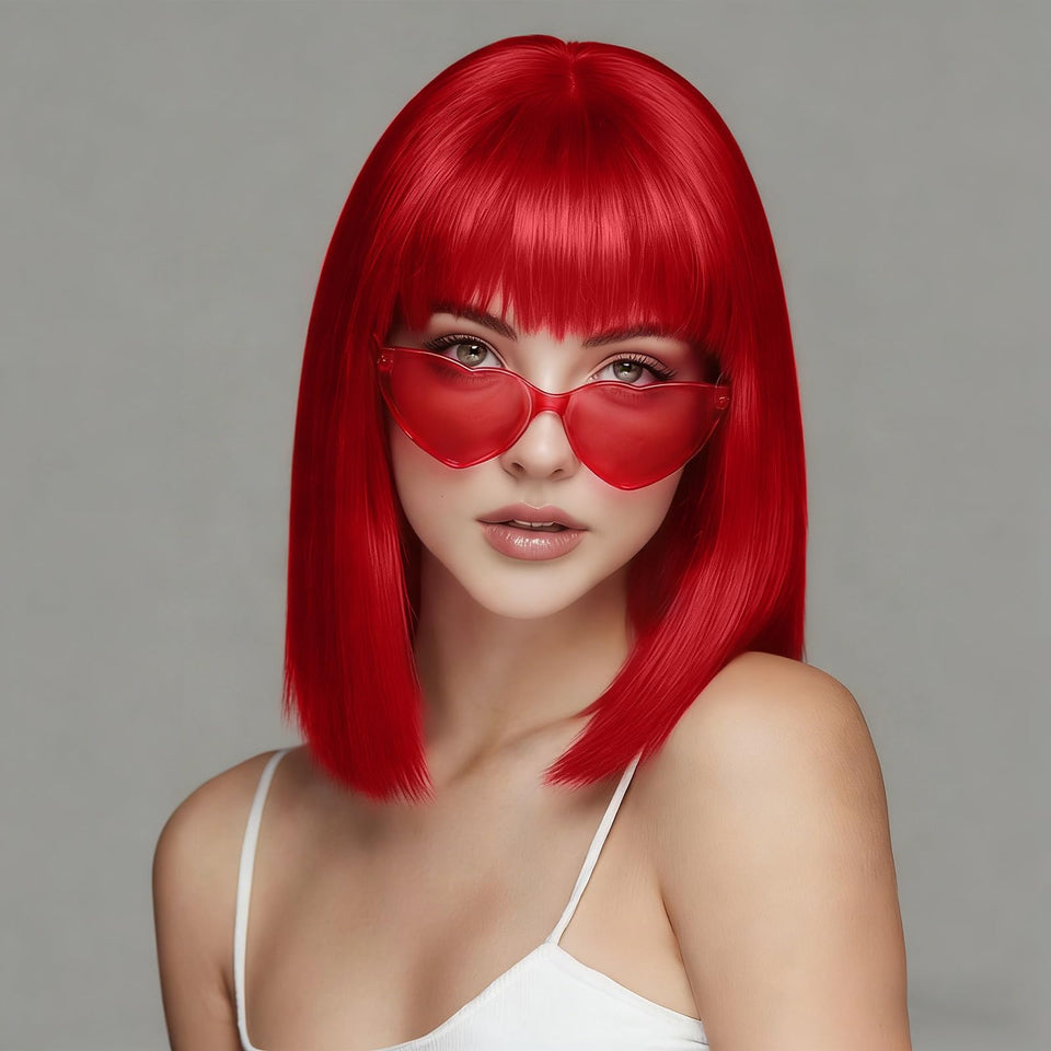 SUKRI red bob wig with bangs 12in for easy daily styling.