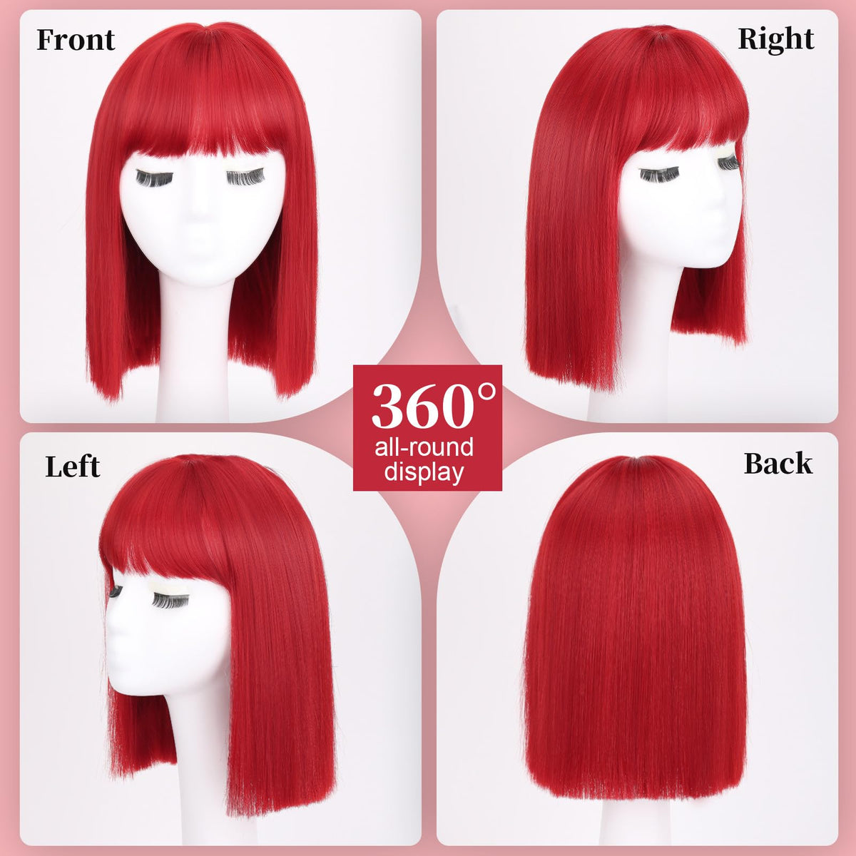 SUKRI red bob wig cap detail shows adjustable straps for secure fit.