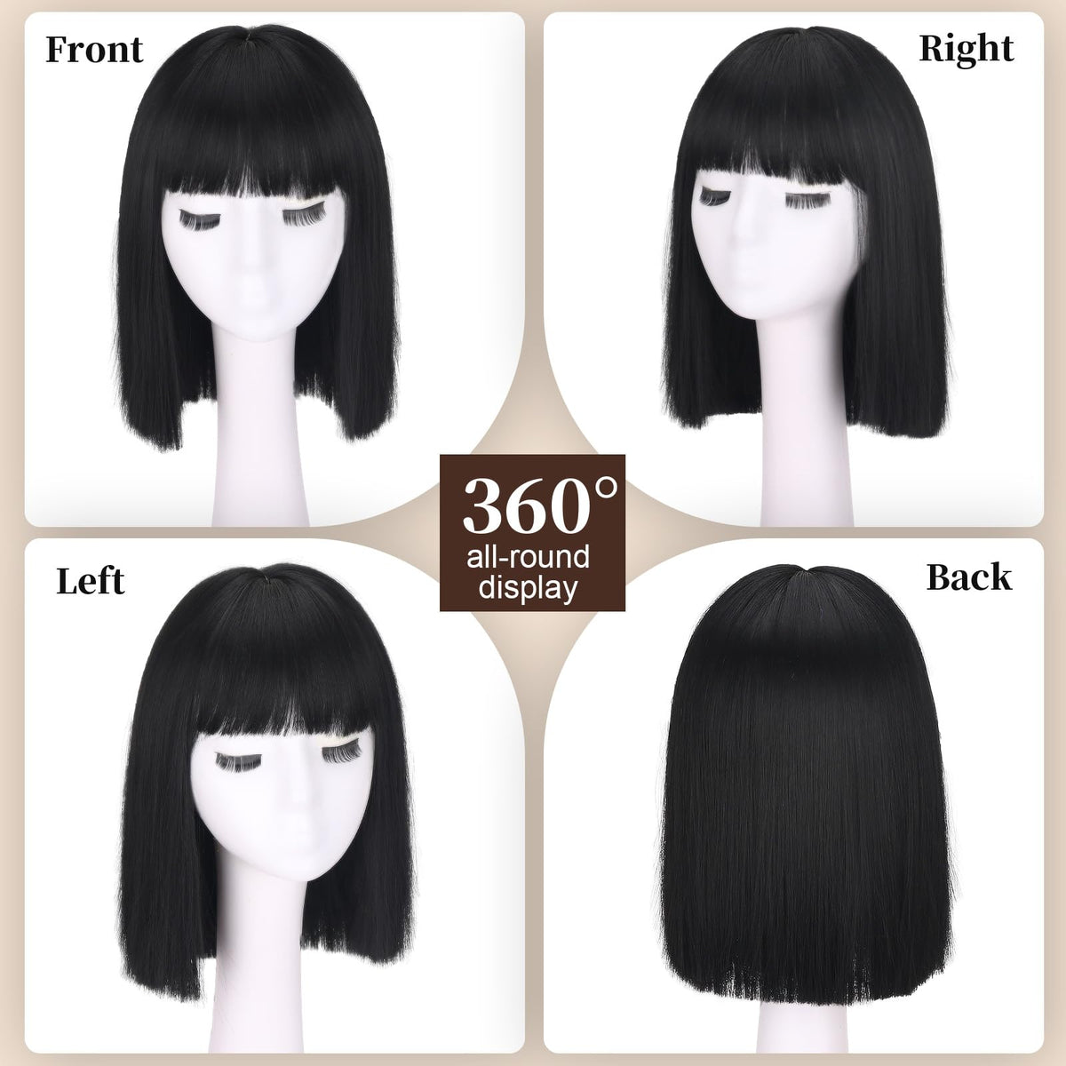 SUKRI short black bob wig 12inch bangs detail highlighting straight fringe styling