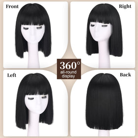 SUKRI short black bob wig 12inch bangs detail highlighting straight fringe styling