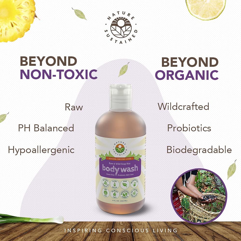 Nature Sustained bottle label highlighting sulfate-free, plant-based formula.
