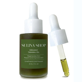 Sulina Tamanu Oil bottle in amber glass preserves purity for skin hydration.