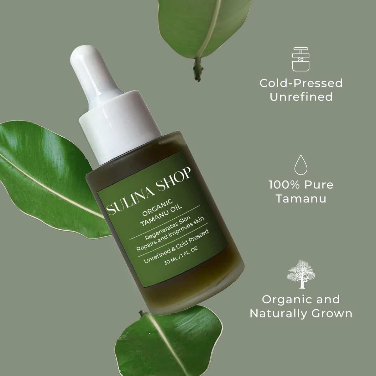 Sulina Tamanu Oil pour view shows easy, controlled dispensing.