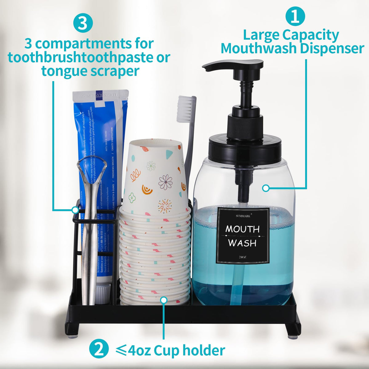 BPA-free mouthwash container offers safe storage and clear visibility of remaining rinse.