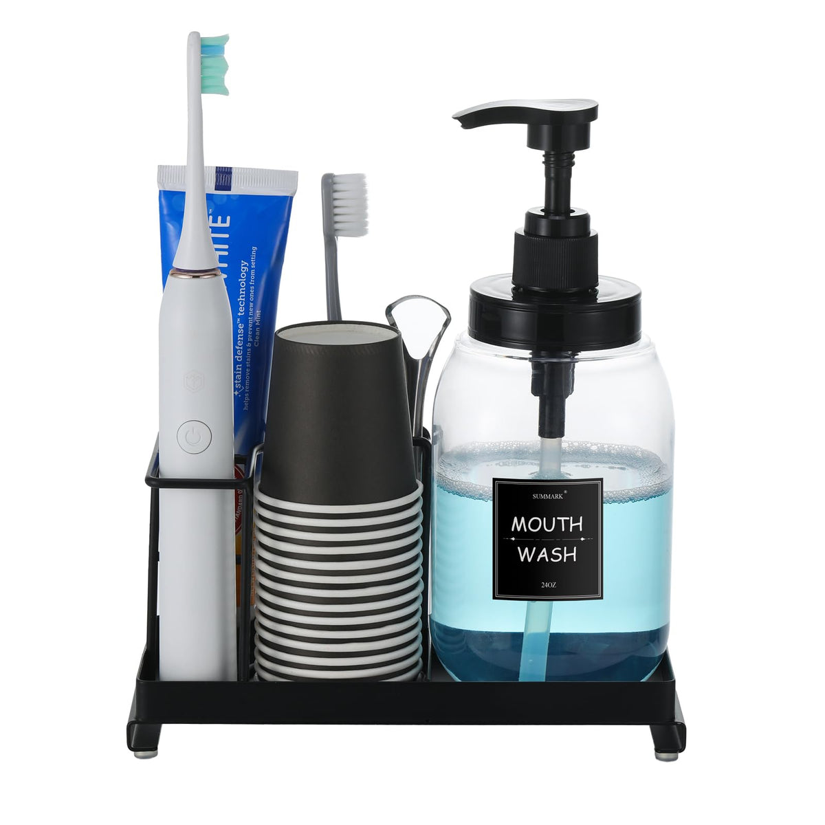 Summark mouthwash dispenser with cup holder keeps your bathroom organized and accessible.