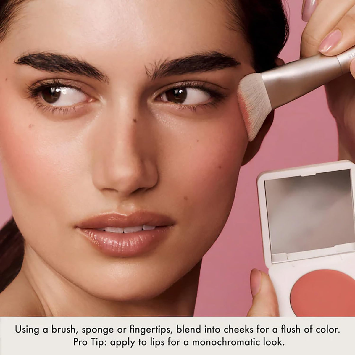 Summer Fridays The Blush Brush application-demo showing precise placement and blending