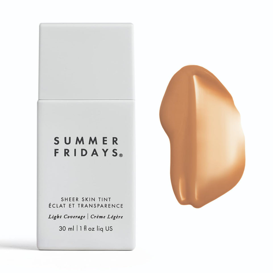 Summer Fridays Sheer Skin Tint bottle close-up showing hydration from hyaluronic acid.