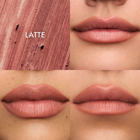 Latte swatch on skin shows warm peachy tan shade for versatile looks.
