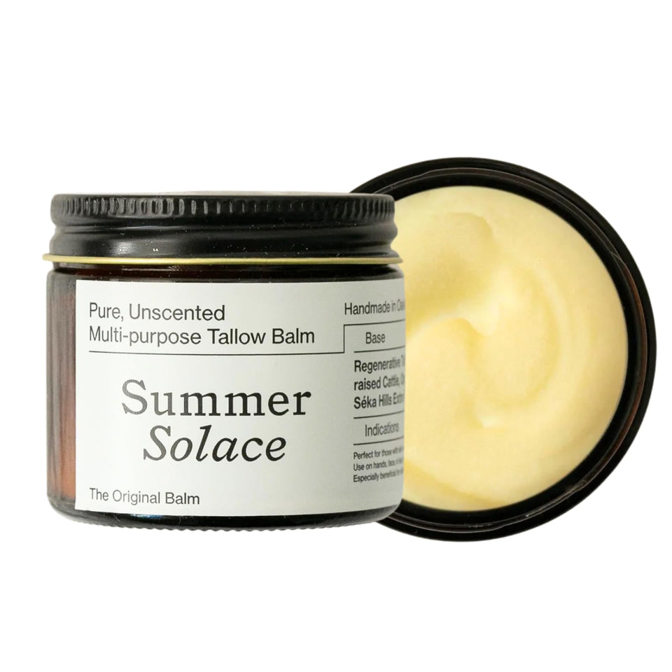 Summer Solace Tallow Balm unscented jar delivers pure hydration for sensitive skin.