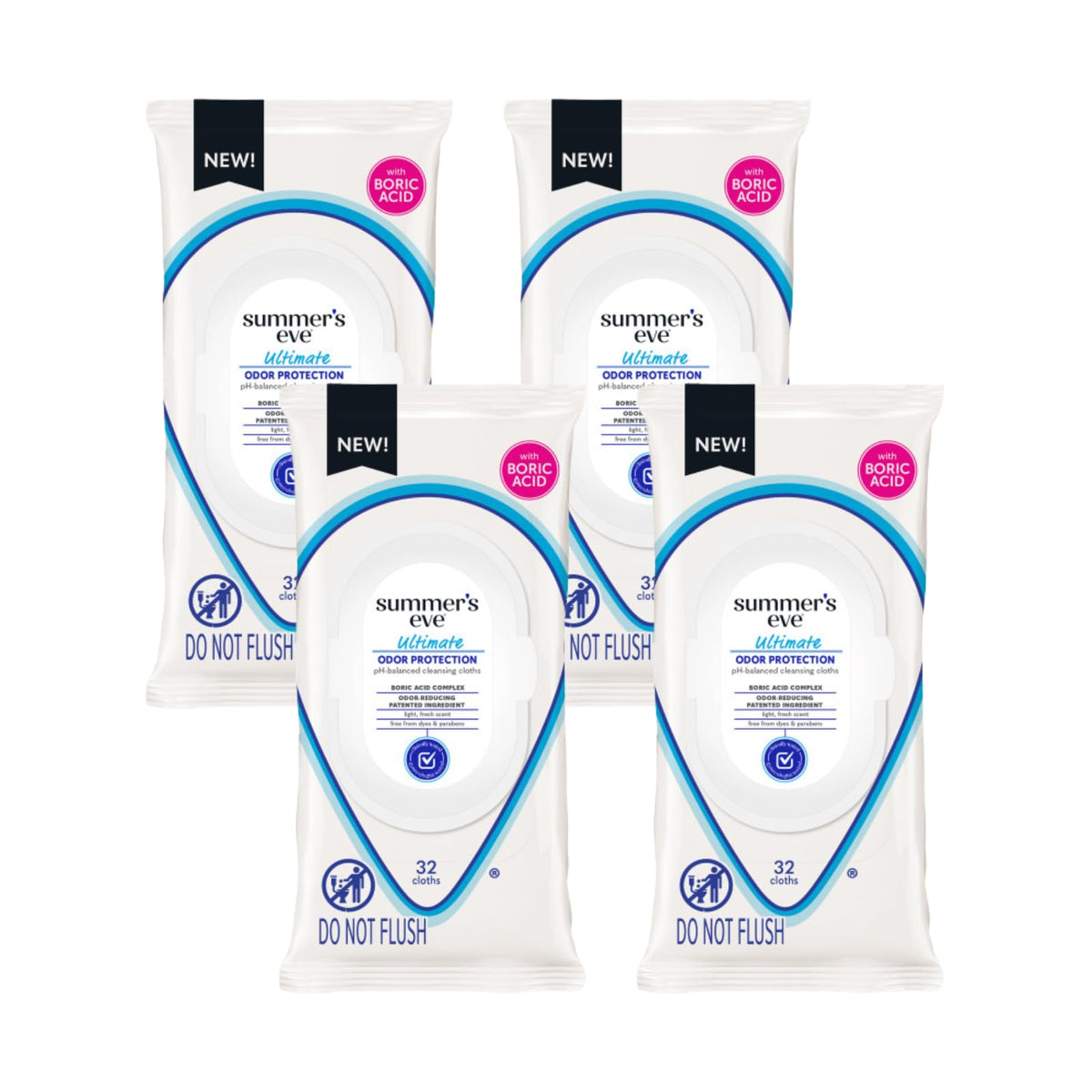 Summer's Eve Ultimate Odor Protection wipes in travel-friendly four-pack packaging.