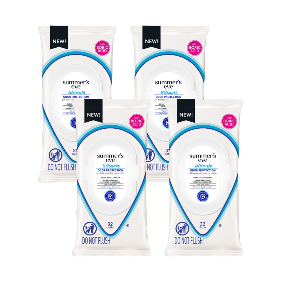 Summer's Eve Ultimate Odor Protection wipes in travel-friendly four-pack packaging.