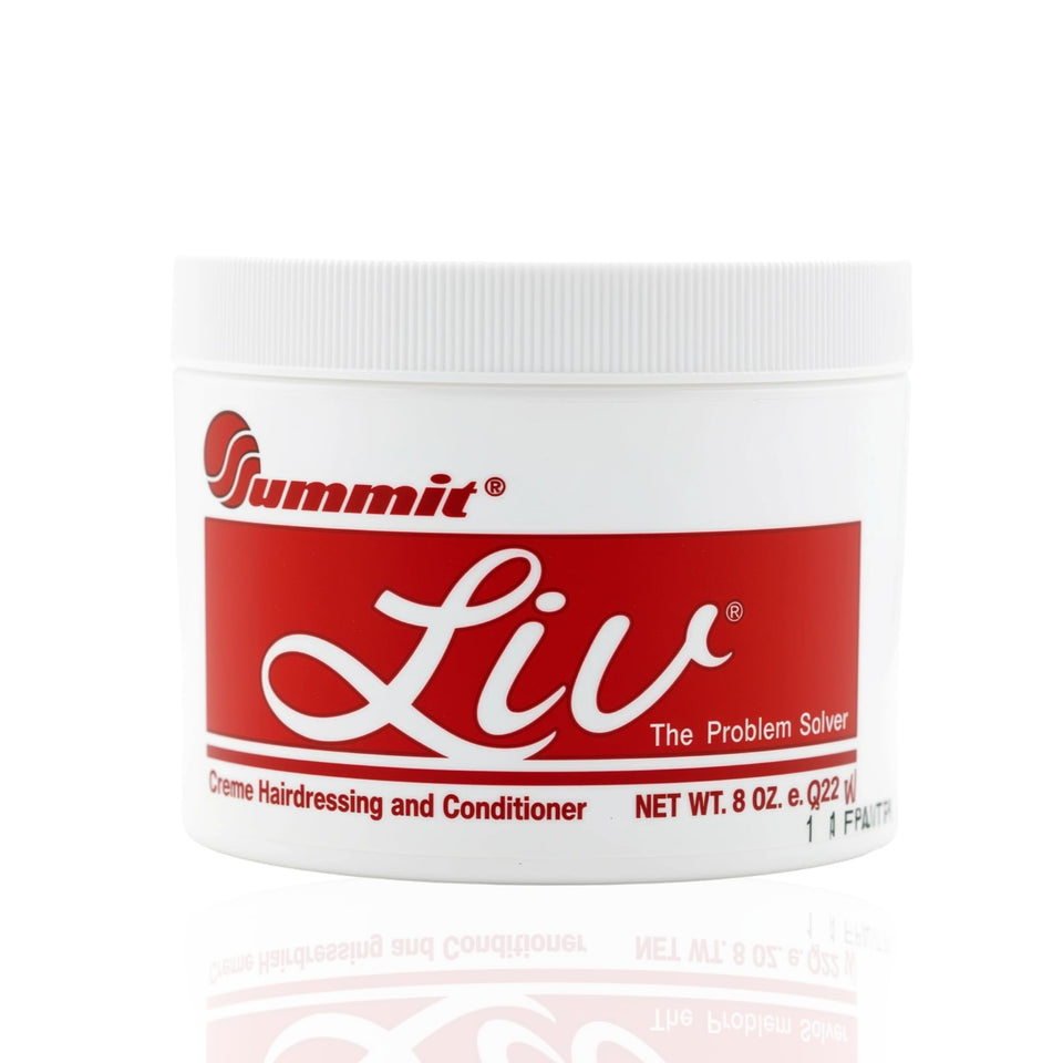 Summit Liv Creme bottle close-up showing the moisturizing formula for dry textured hair.
