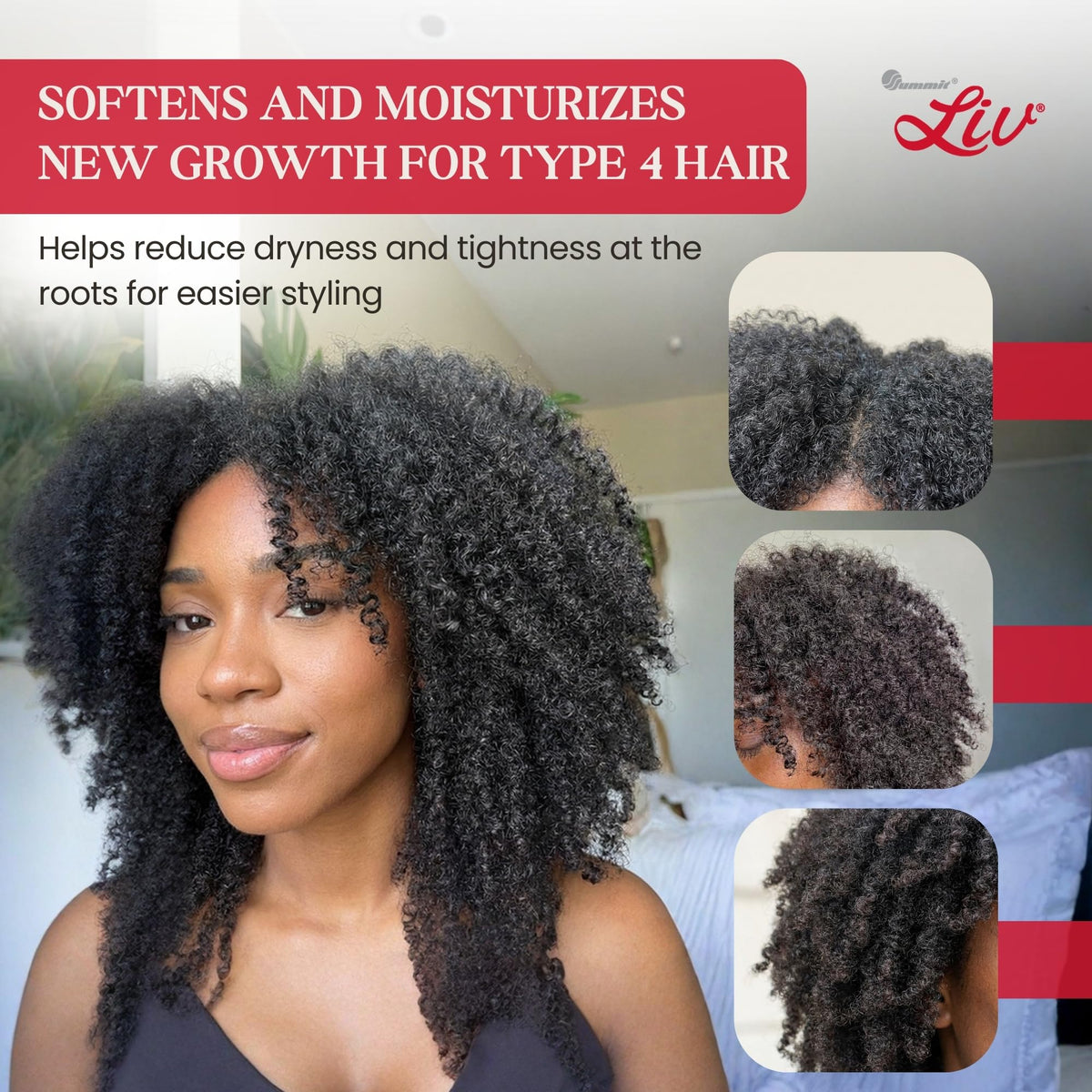 Summit Liv Creme creamy formula visibly smooths frizz and enhances softness.