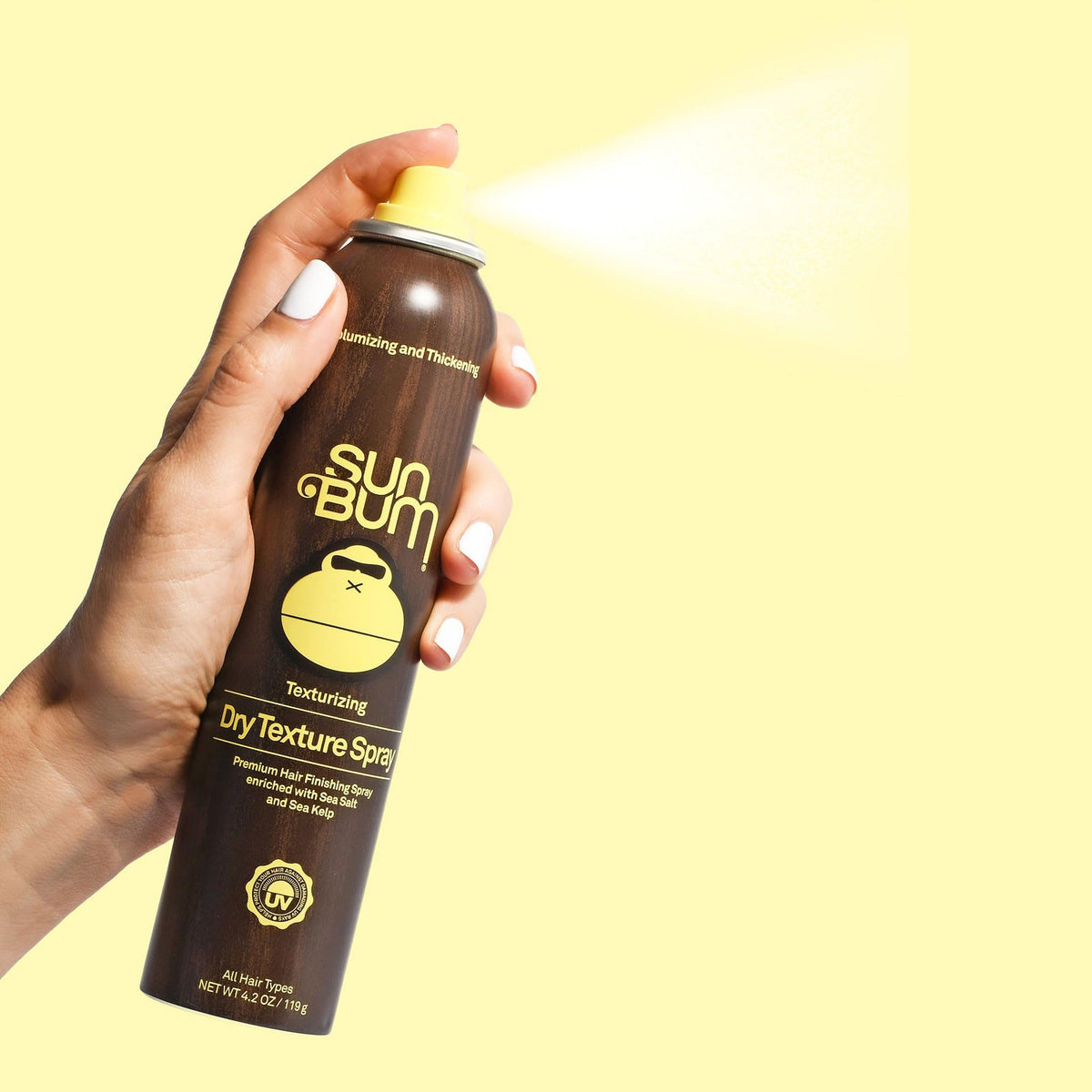 Sun Bum Dry Texture Spray on hair delivers buildable texture and light lift.