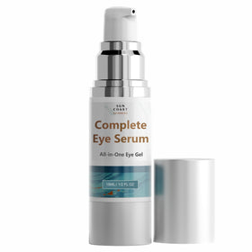 Sun Coast Sciences Complete Eye Serum bottle highlights sleek packaging for daily hydrating eye care.