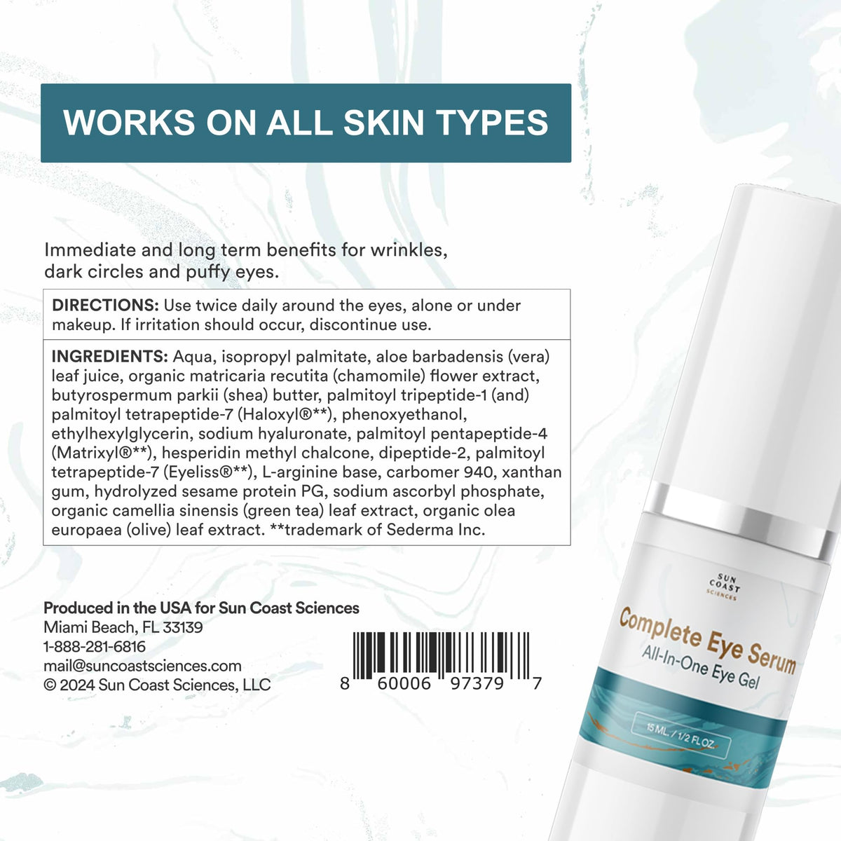 Sun Coast Sciences Complete Eye Serum packaging on a vanity shelf communicates premium skincare.