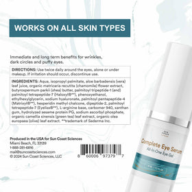 Sun Coast Sciences Complete Eye Serum packaging on a vanity shelf communicates premium skincare.