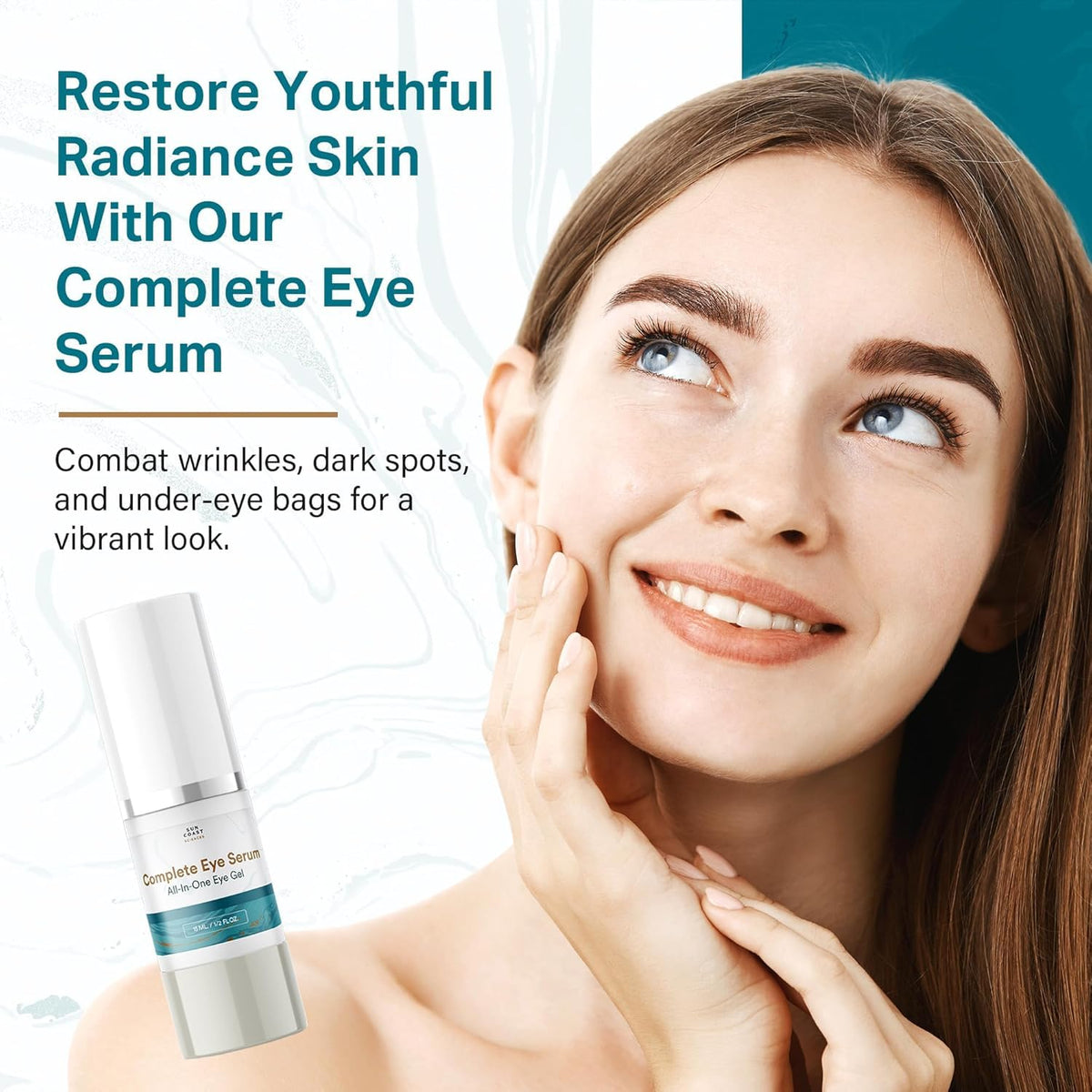 Sun Coast Sciences Complete Eye Serum pump close-up showing smooth texture and brightening potential.