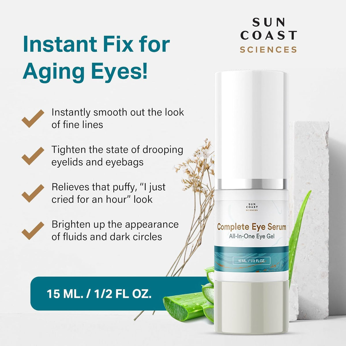 Sun Coast Sciences Complete Eye Serum texture close-up reveals lightweight hydration for delicate skin.