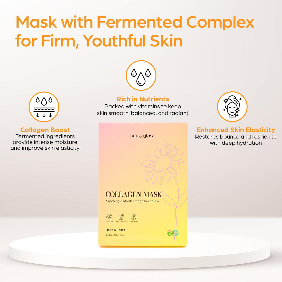 Sun & Glow vegan collagen mask packaging close-up highlights five-pack convenience.