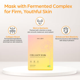 Sun & Glow vegan collagen mask packaging close-up highlights five-pack convenience.