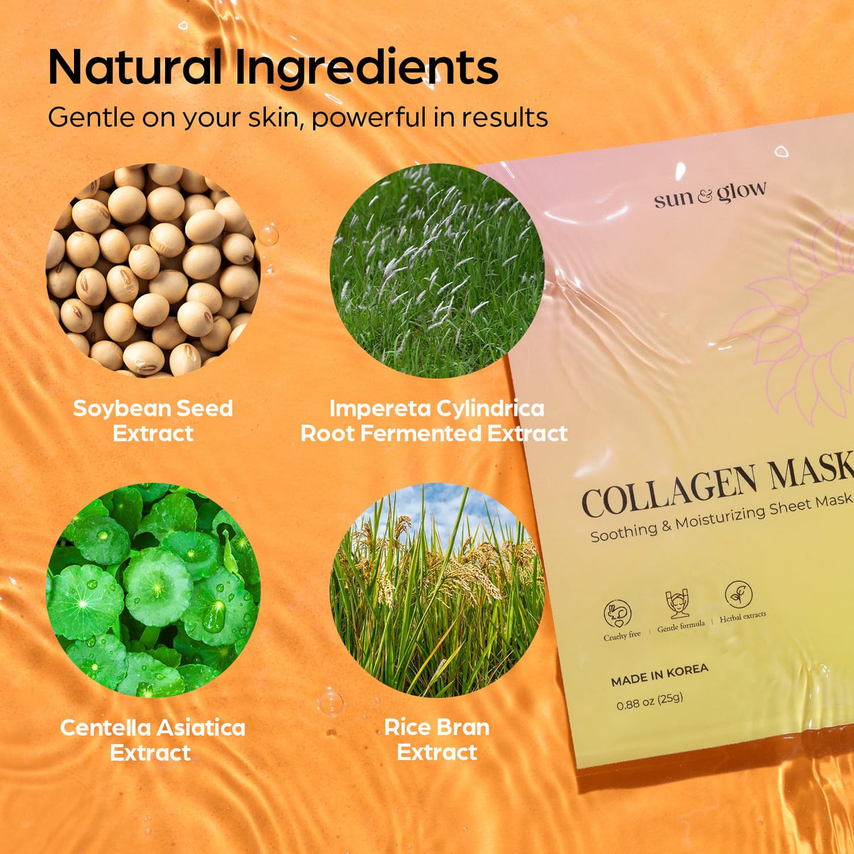 Sun & Glow vegan collagen mask sheet close-up for comfortable wear.