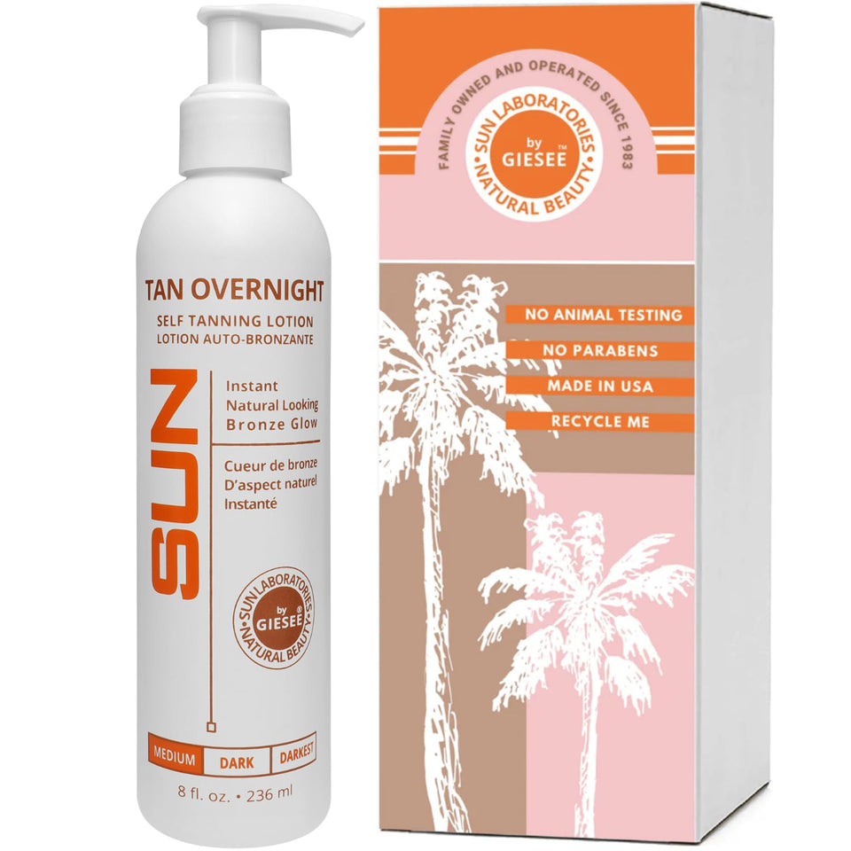 Sun Laboratories Tan Overnight bottle close-up for easy at-home tanning.
