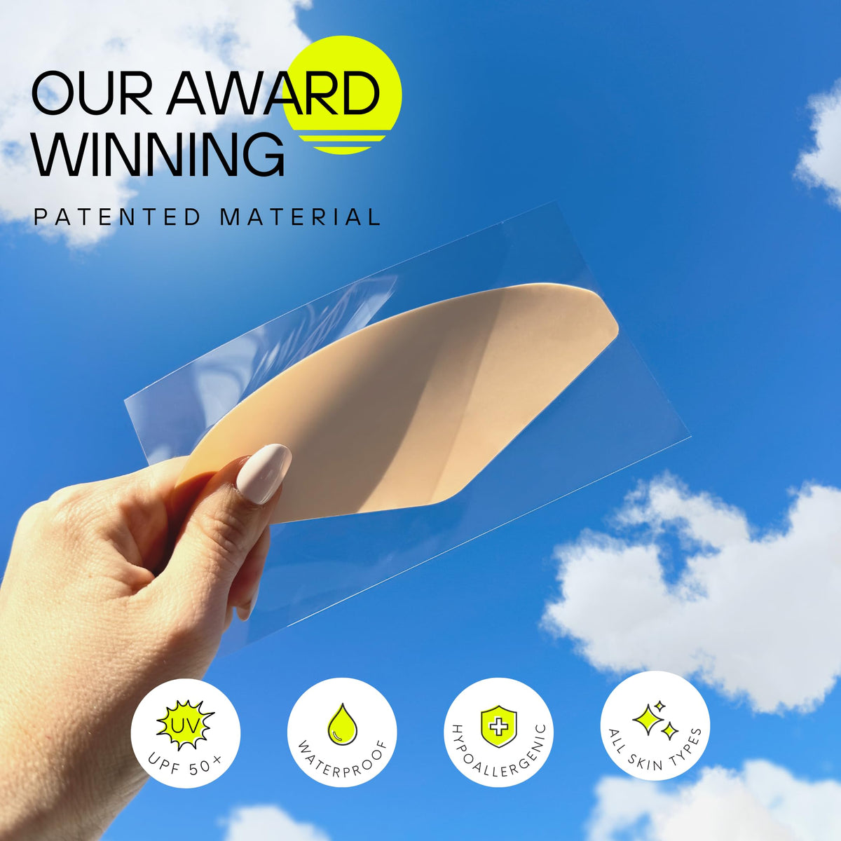 Sun Patch hypoallergenic patch on skin demonstrates latex-free, gentle wear.