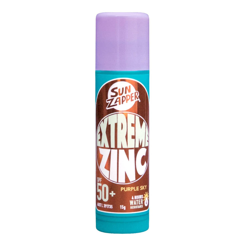Sun Zapper Extreme Zinc Sunscreen Stick Purple Sky on face during sunny days for easy protection.