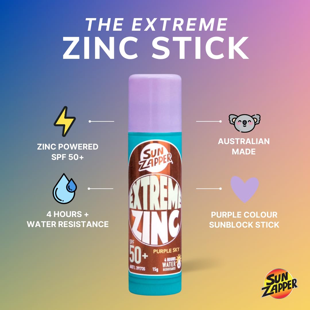 Sun Zapper Extreme Zinc Sunscreen Stick Purple Sky shows visible barrier for water sports.