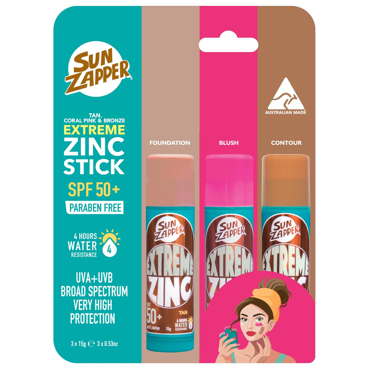 Sun Zapper Extreme Zinc Tan stick provides natural-coverage sun protection for everyday wear.