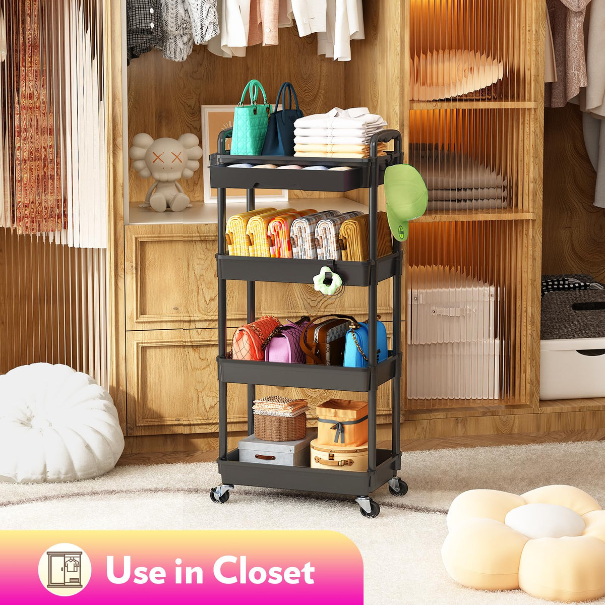 SUNALLY cosmetics and skincare shelves organize brushes, bottles, and palettes.