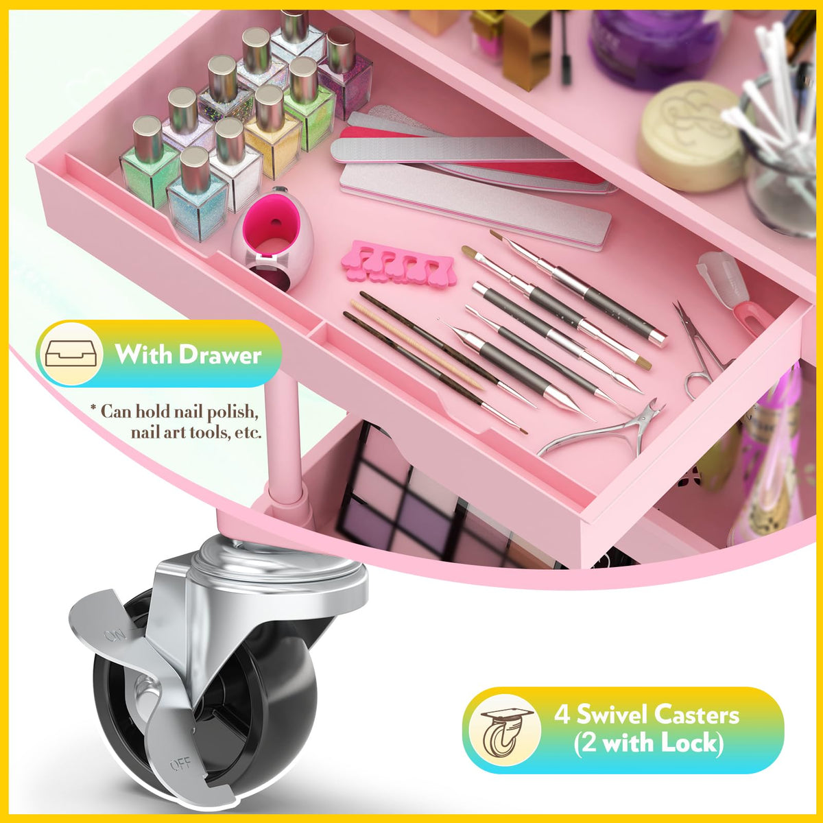 SUNALLY makeup cart drawer open displaying sorted lipsticks and mini accessories.