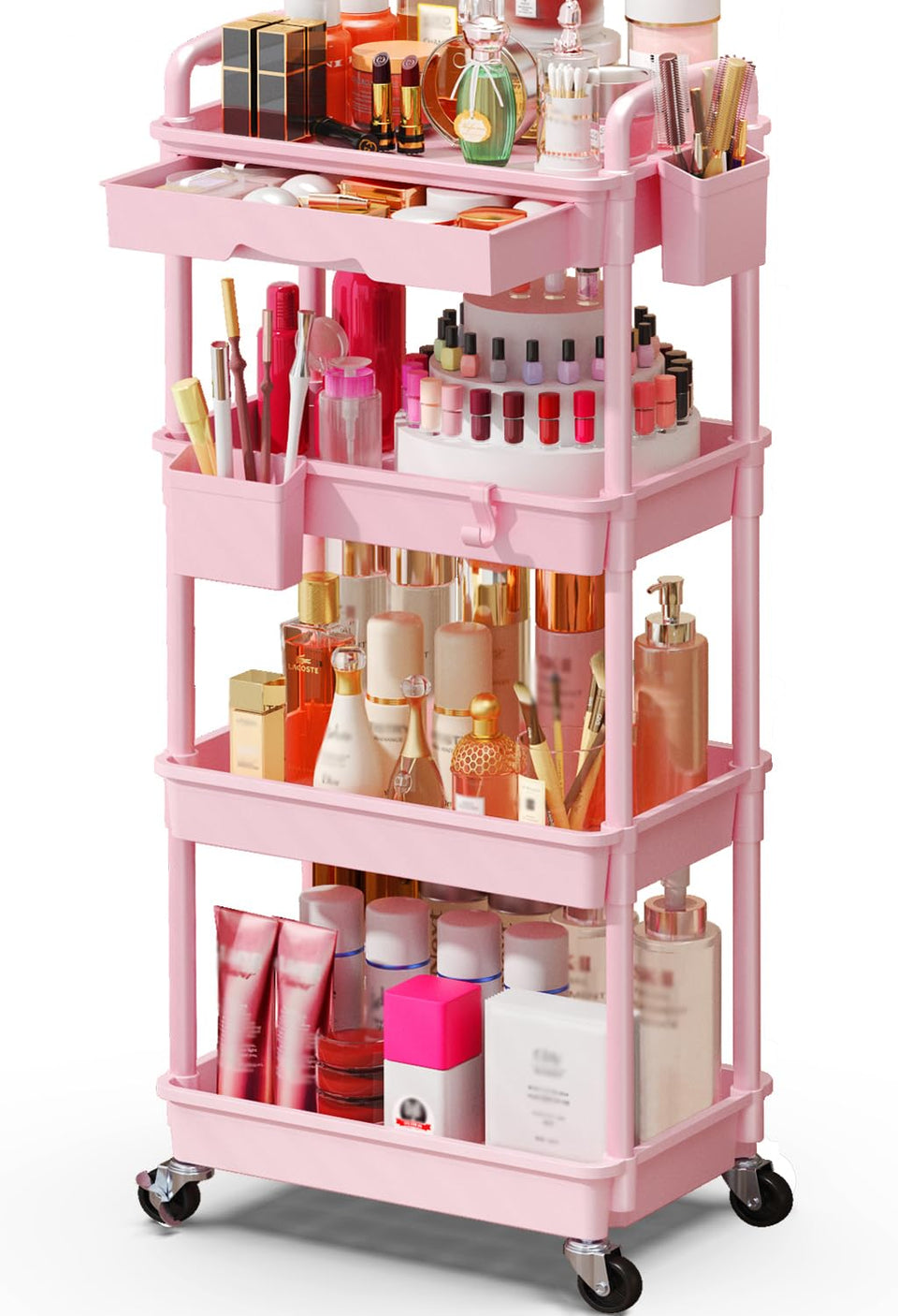 SUNALLY makeup cart organizer full view with four-tier storage keeps cosmetics organized.