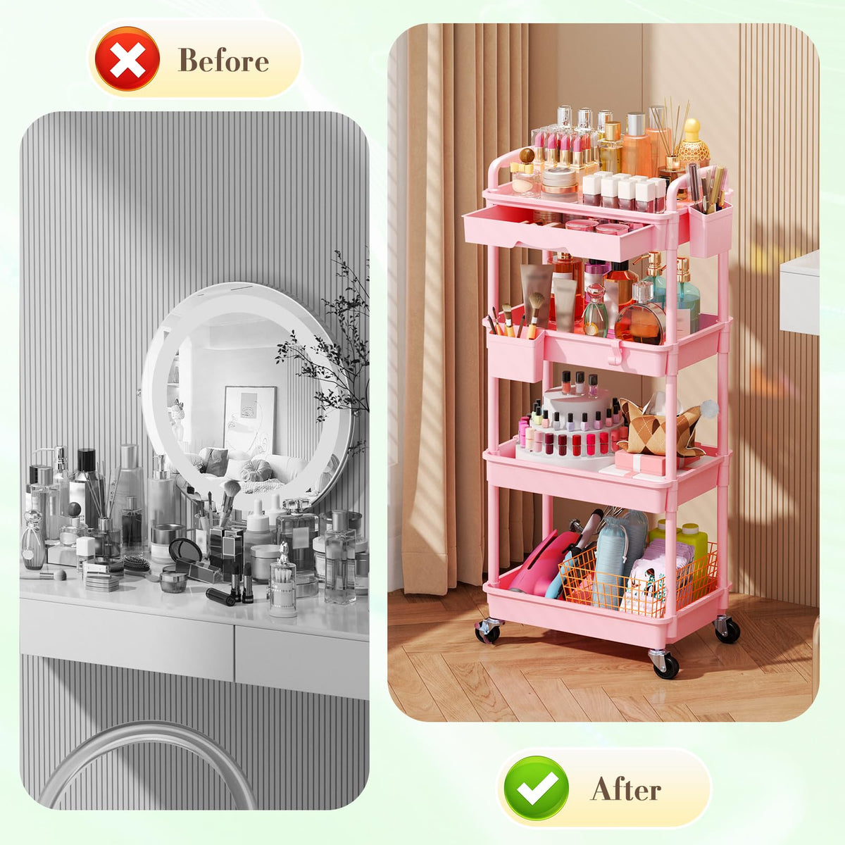 SUNALLY makeup cart under vanity configuration saves space while concealing clutter.