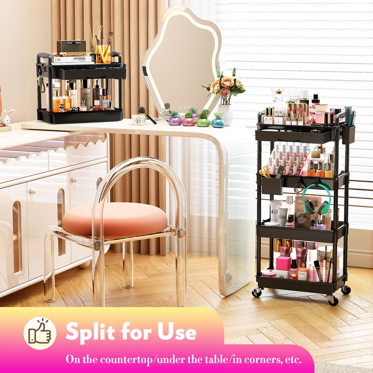 SUNALLY rolling vanity cart complements modern decor with a sleek black finish.