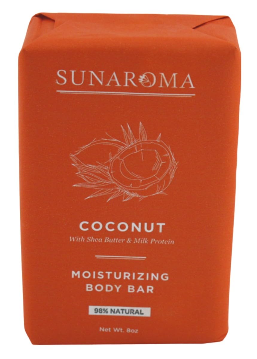 SUNAROMA Coconut Shea Butter Milk Protein soap bar three-pack on display, sulfate-free care.