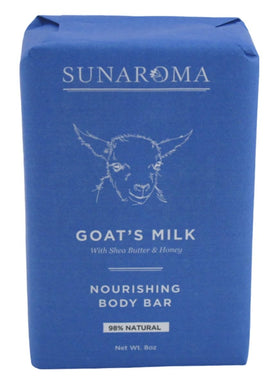 SUNAROMA goats milk soap bar close-up shows nourishing skin benefits