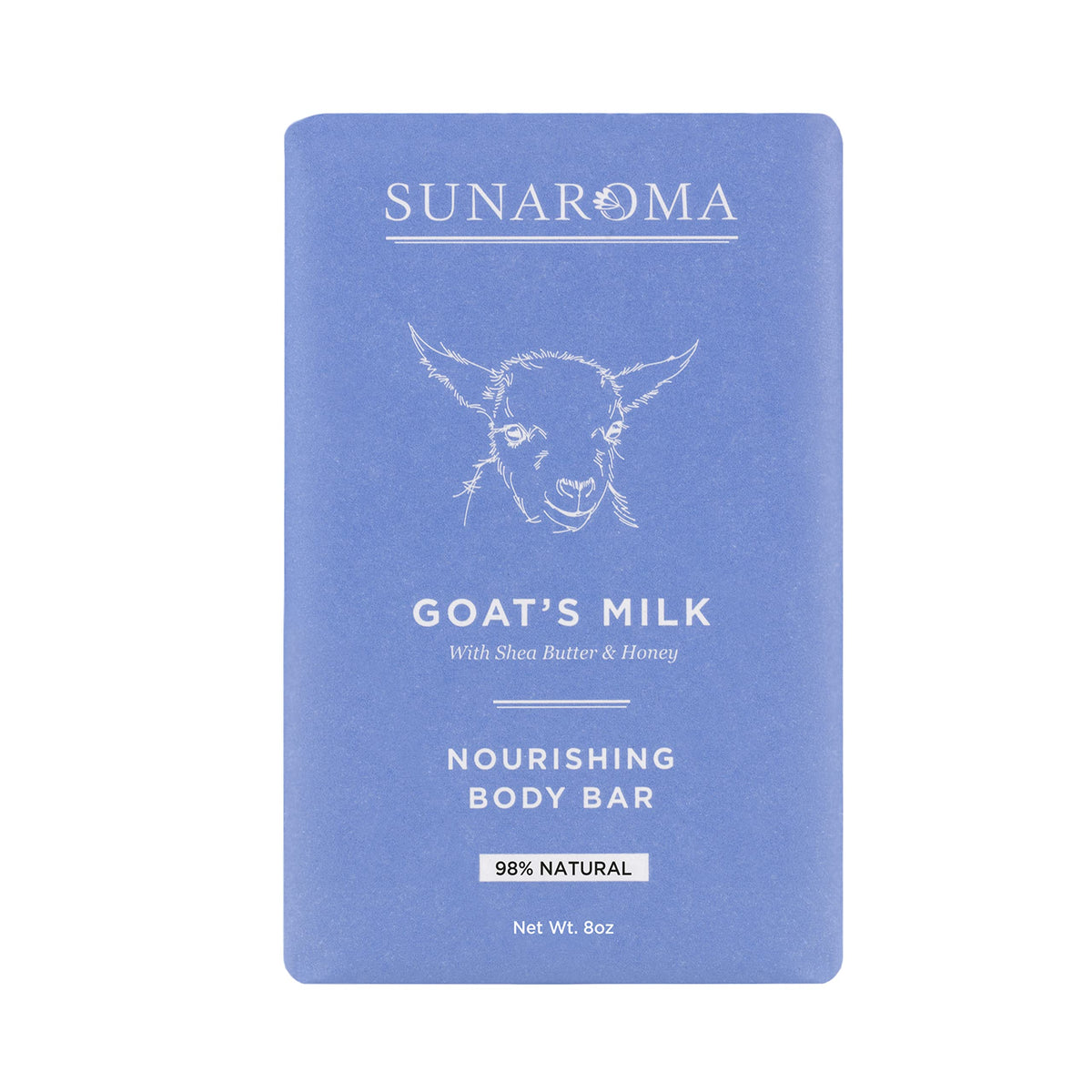 SUNAROMA goat's milk soap bar—creamy lather for nourishing, gentle cleansing of dry skin.