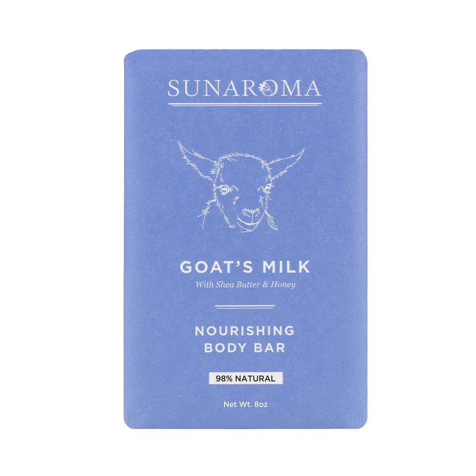 SUNAROMA goat's milk soap bar—creamy lather for nourishing, gentle cleansing of dry skin.