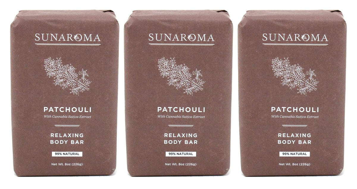 SUNAROMA Patchouli soap bar pack 3 front view showing calm presentation